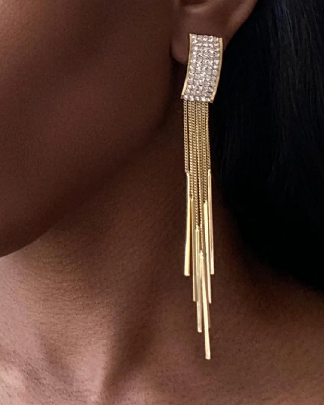 LOVE Clip-On Earrings Long Tassel Drop Gold Rhinestones Crystal