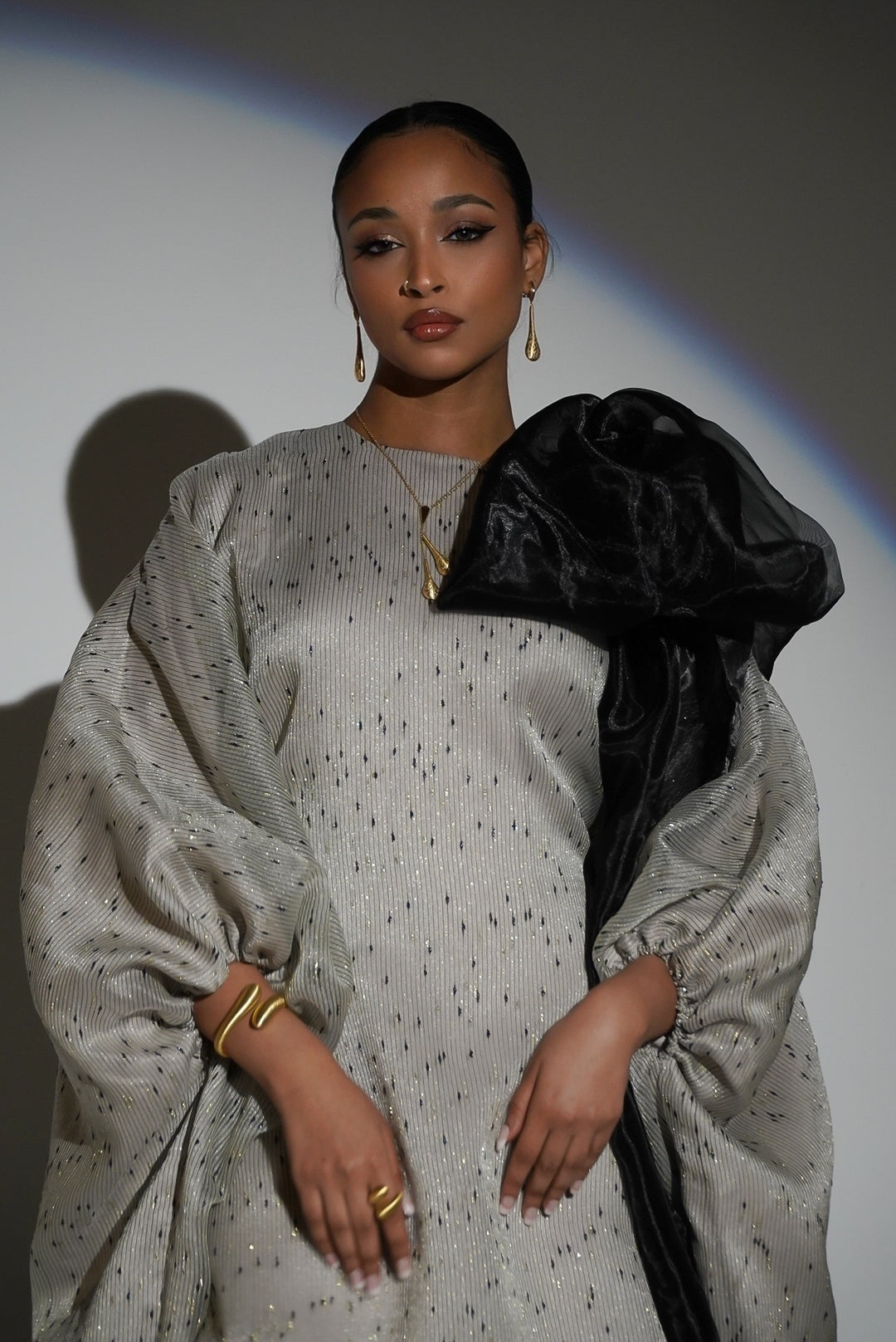 HAYZO Silk Organza With Gold Lurex and Black Thread Detailing