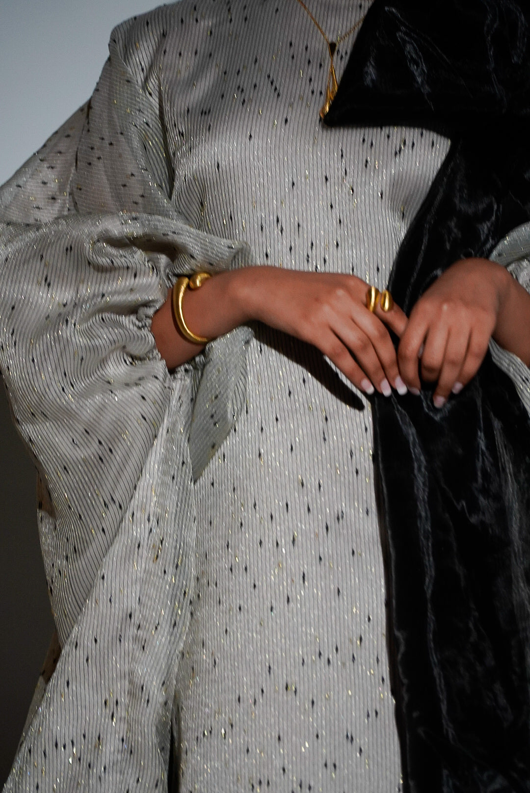 HAYZO Silk Organza With Gold Lurex and Black Thread Detailing