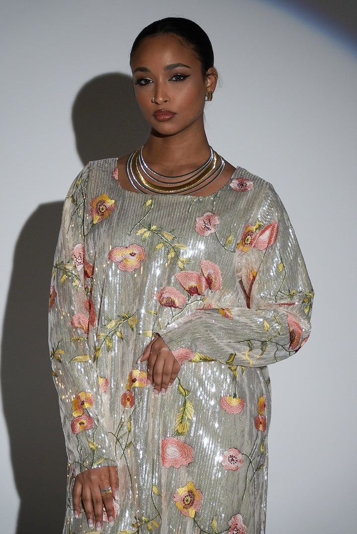 HAYZO Silver Sequin with Thread Embroidered Floral Detail Kaftan