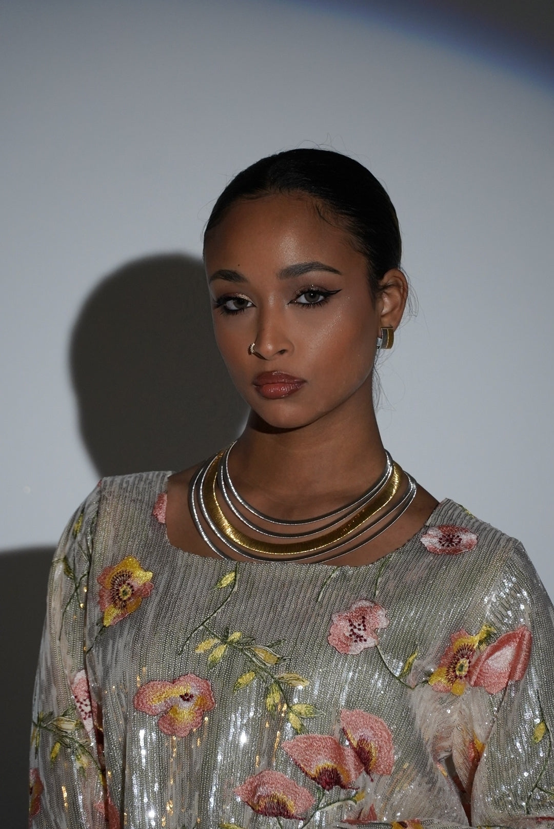 HAYZO Silver Sequin with Thread Embroidered Floral Detail Kaftan