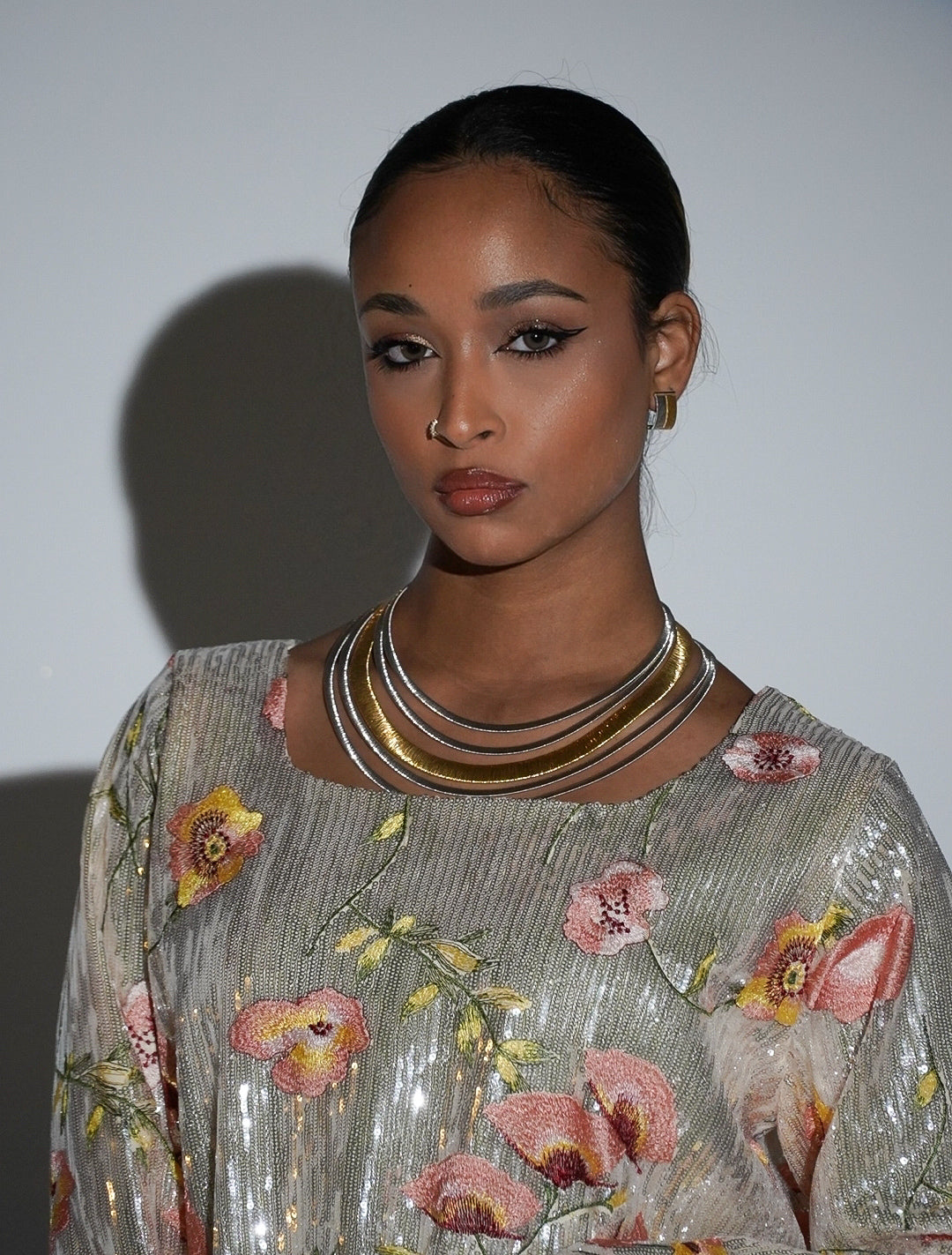 HAYZO Silver Sequin with Thread Embroidered Floral Detail Kaftan