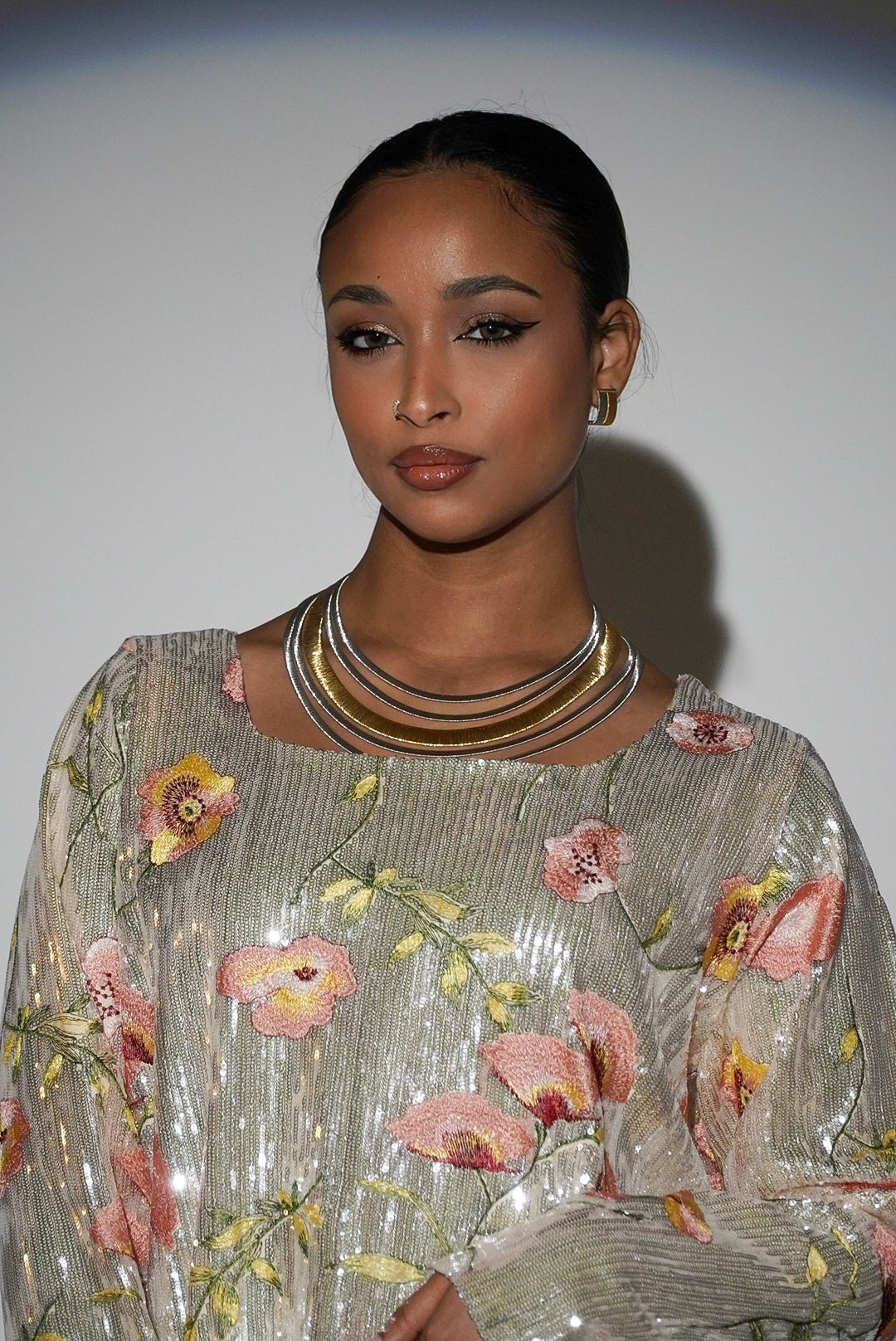 HAYZO Silver Sequin with Thread Embroidered Floral Detail Kaftan