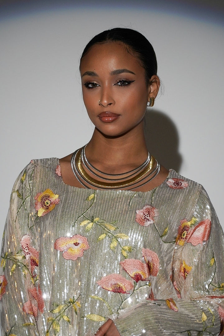 HAYZO Silver Sequin with Thread Embroidered Floral Detail Kaftan