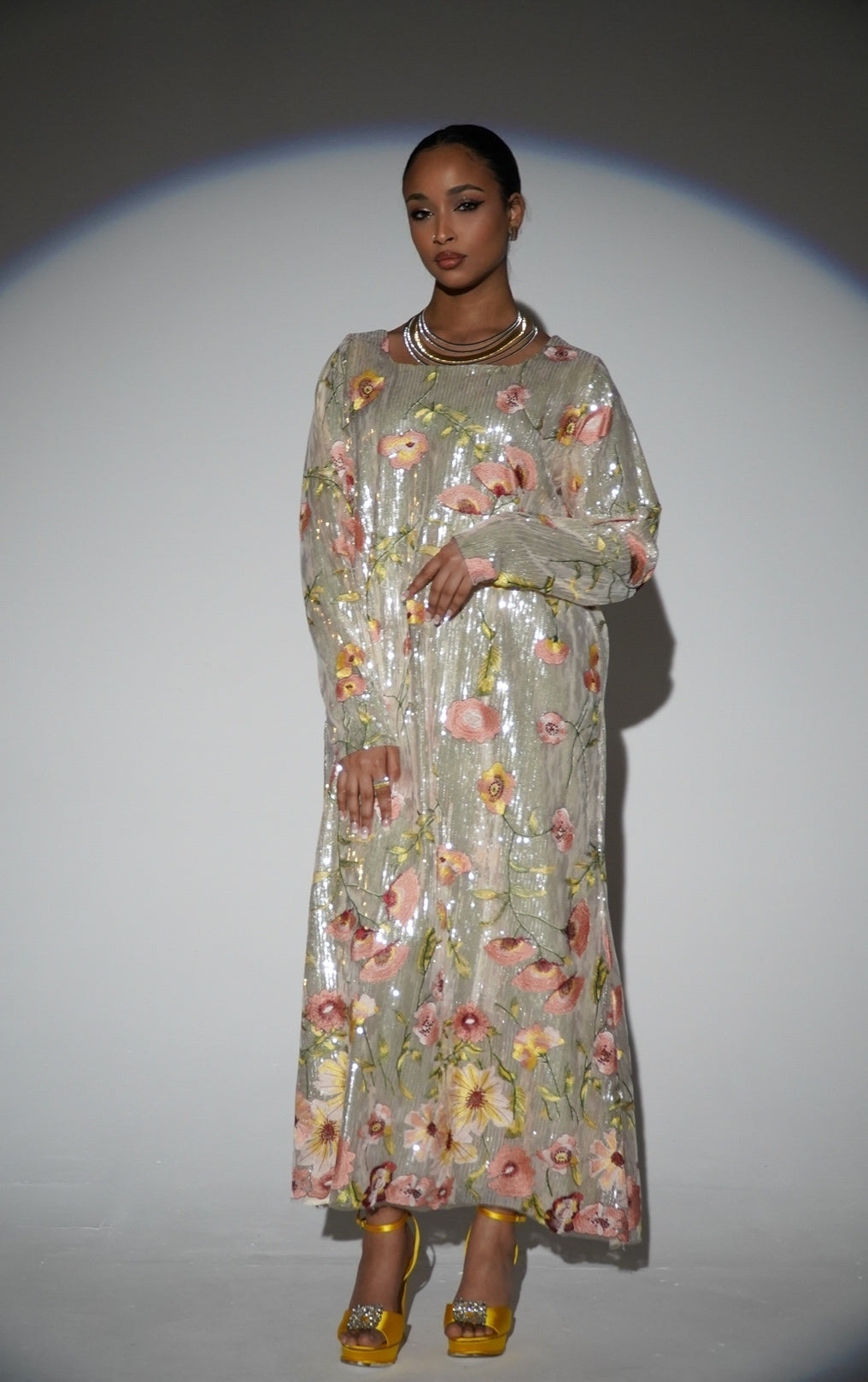 HAYZO Silver Sequin with Thread Embroidered Floral Detail Kaftan