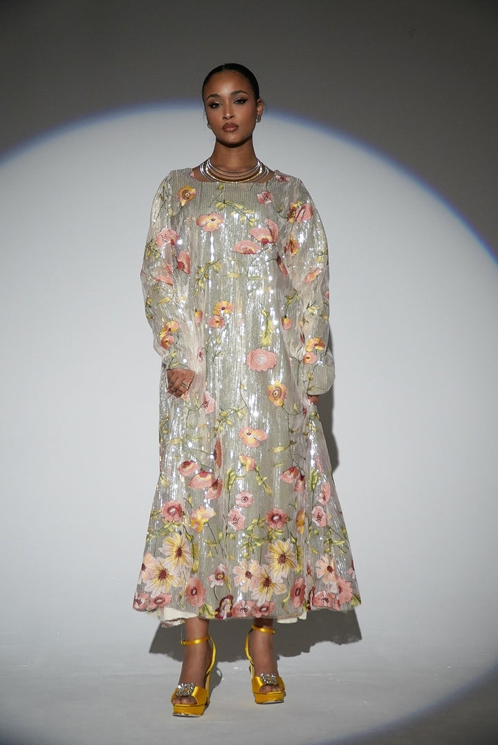 HAYZO Silver Sequin with Thread Embroidered Floral Detail Kaftan
