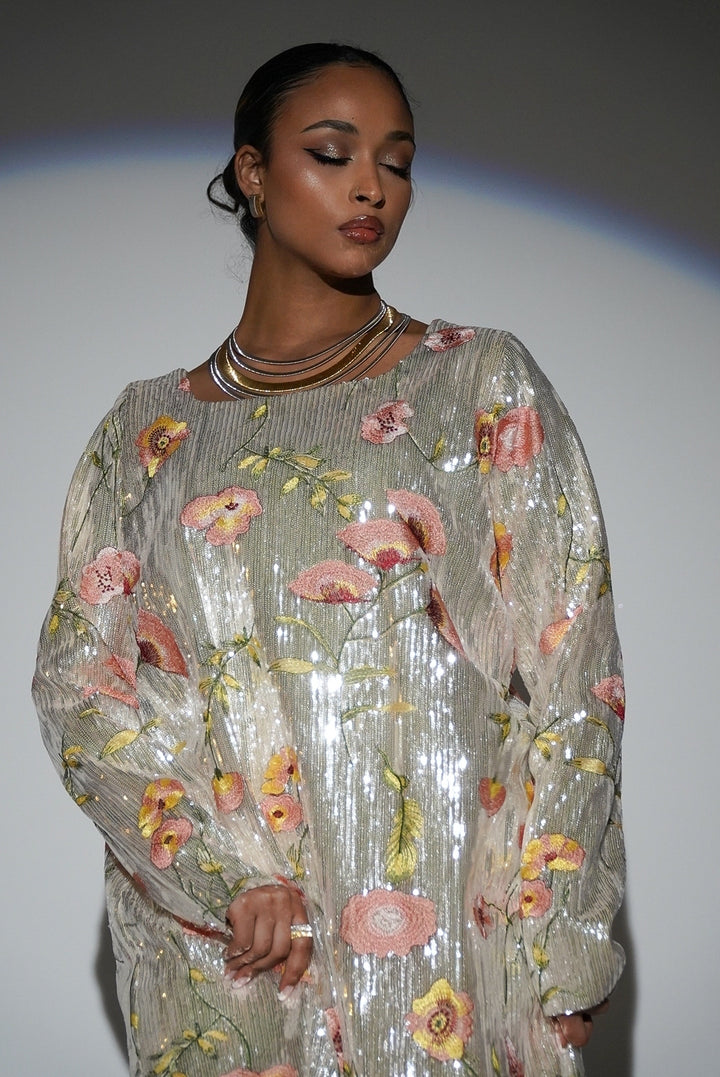 HAYZO Silver Sequin with Thread Embroidered Floral Detail Kaftan