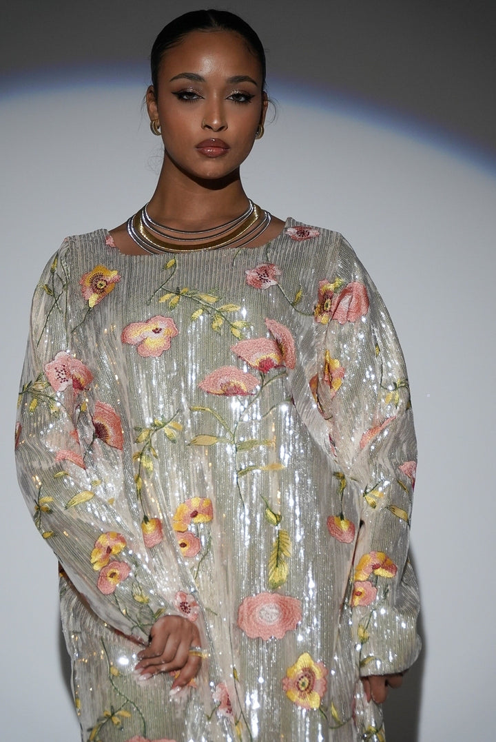 HAYZO Silver Sequin with Thread Embroidered Floral Detail Kaftan