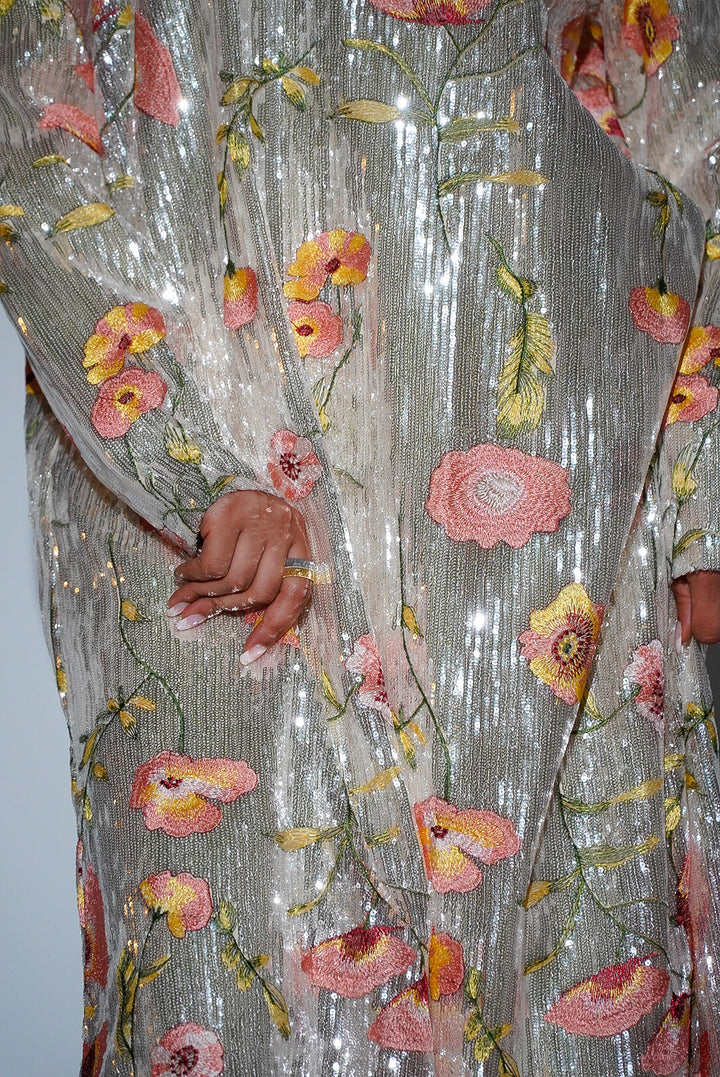 HAYZO Silver Sequin with Thread Embroidered Floral Detail Kaftan