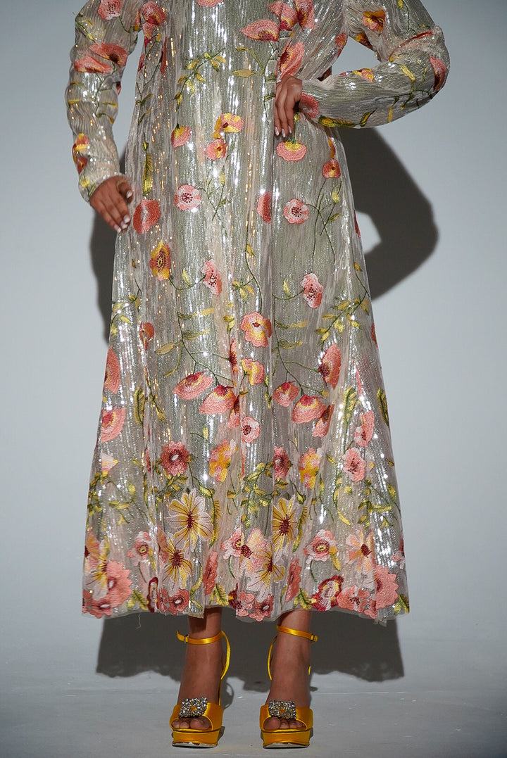 HAYZO Silver Sequin with Thread Embroidered Floral Detail Kaftan