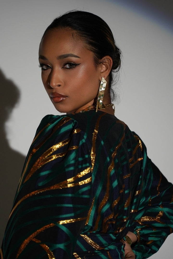 HAYZO Pure silk Navy organza with Green Jaquard Detailing 3 piece kaftan