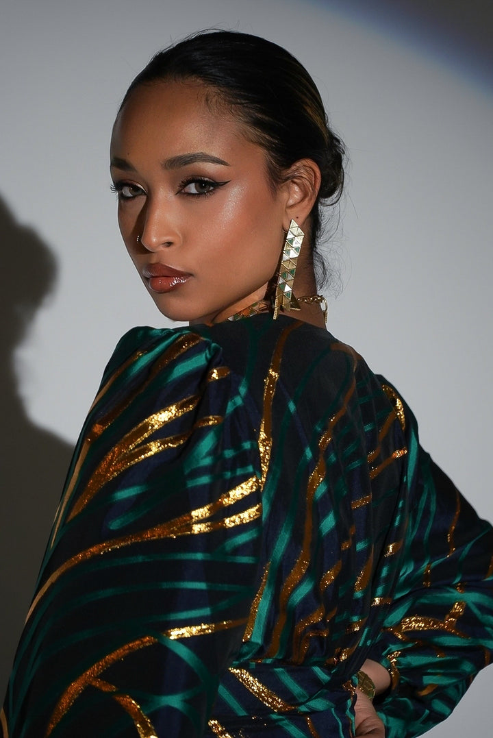 HAYZO Pure silk Navy organza with Green Jaquard Detailing 3 piece kaftan