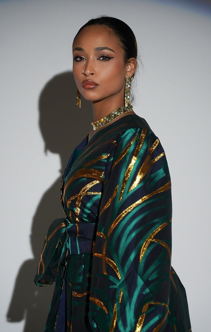 HAYZO Pure silk Navy organza with Green Jaquard Detailing 3 piece kaftan