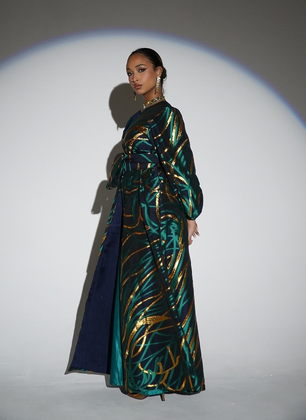 HAYZO Pure silk Navy organza with Green Jaquard Detailing 3 piece kaftan