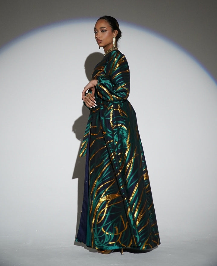 HAYZO Pure silk Navy organza with Green Jaquard Detailing 3 piece kaftan