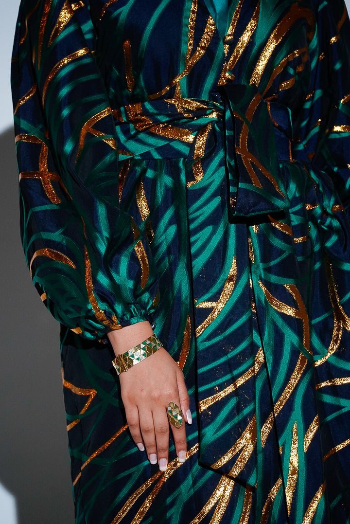 HAYZO Pure silk Navy organza with Green Jaquard Detailing 3 piece kaftan