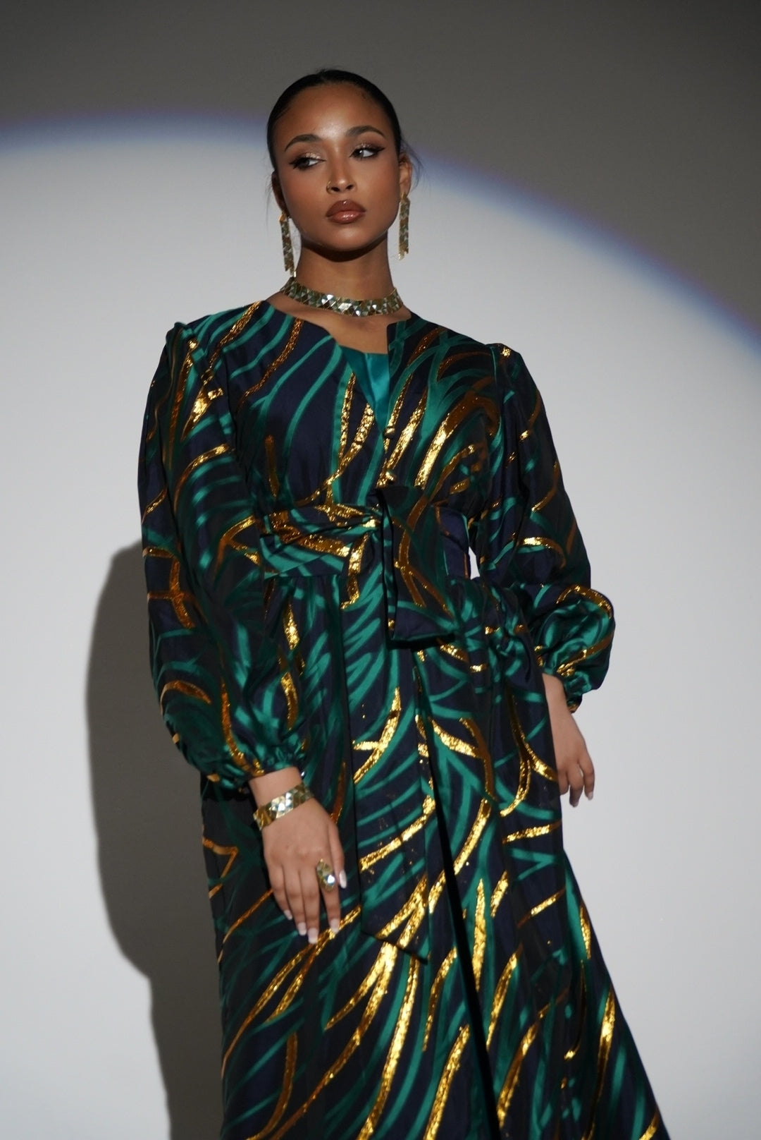 HAYZO Pure silk Navy organza with Green Jaquard Detailing 3 piece kaftan