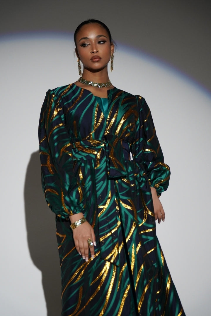HAYZO Pure silk Navy organza with Green Jaquard Detailing 3 piece kaftan