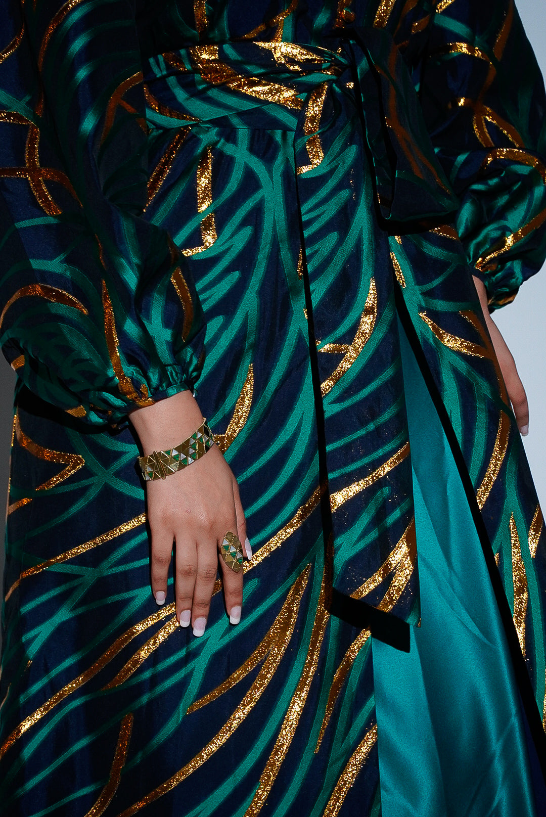 HAYZO Pure silk Navy organza with Green Jaquard Detailing 3 piece kaftan
