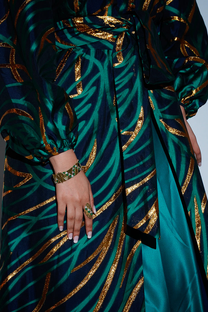 HAYZO Pure silk Navy organza with Green Jaquard Detailing 3 piece kaftan