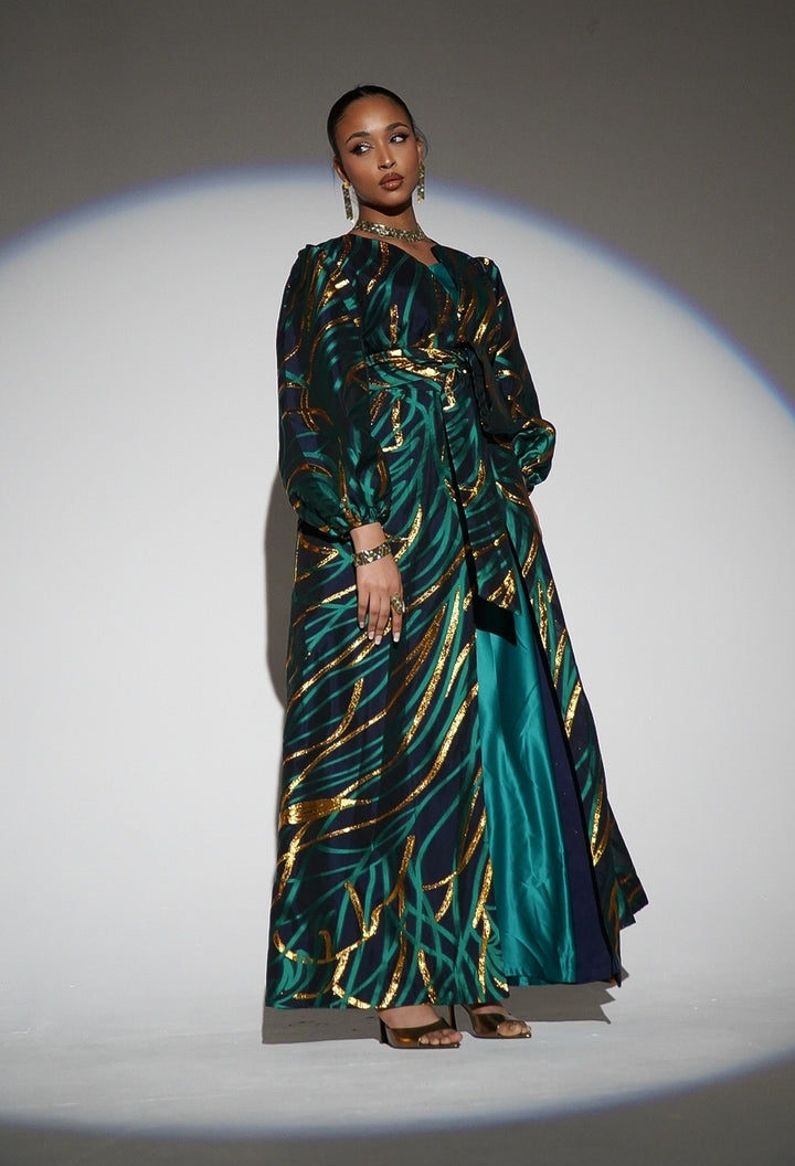 HAYZO Pure silk Navy organza with Green Jaquard Detailing 3 piece kaftan