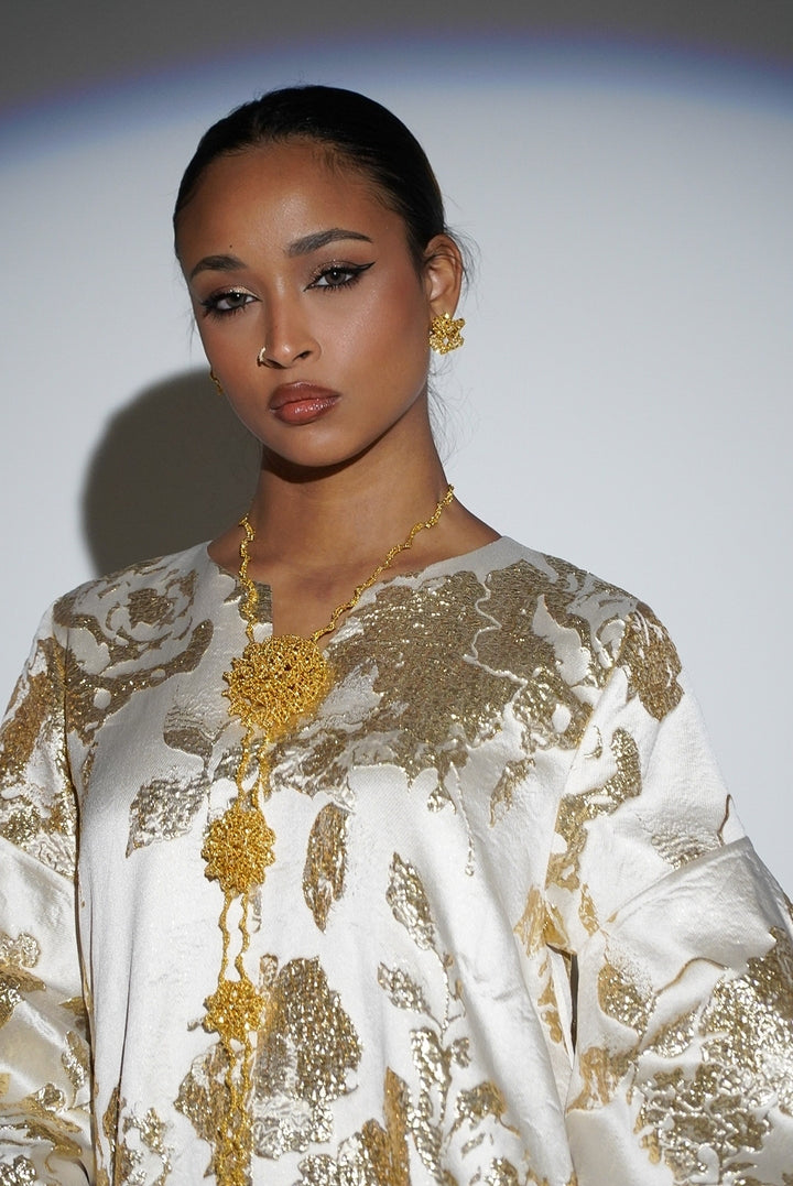 HAYZO Off White and Gold Brocade With Jaquard Detailing Kaftan