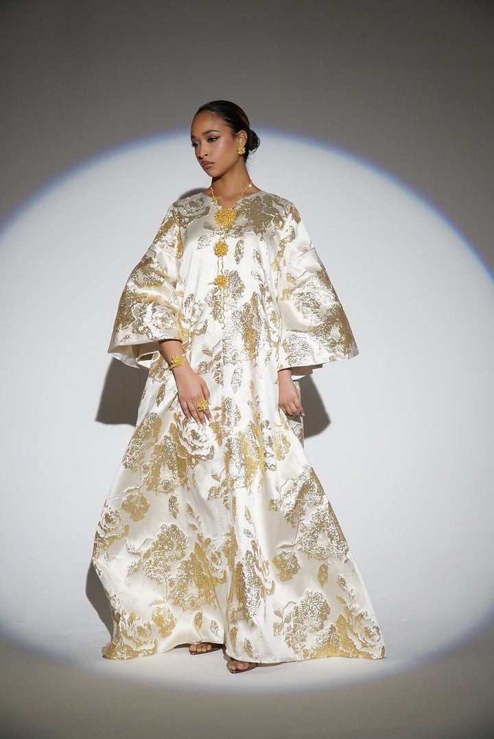 HAYZO Off White and Gold Brocade With Jaquard Detailing Kaftan