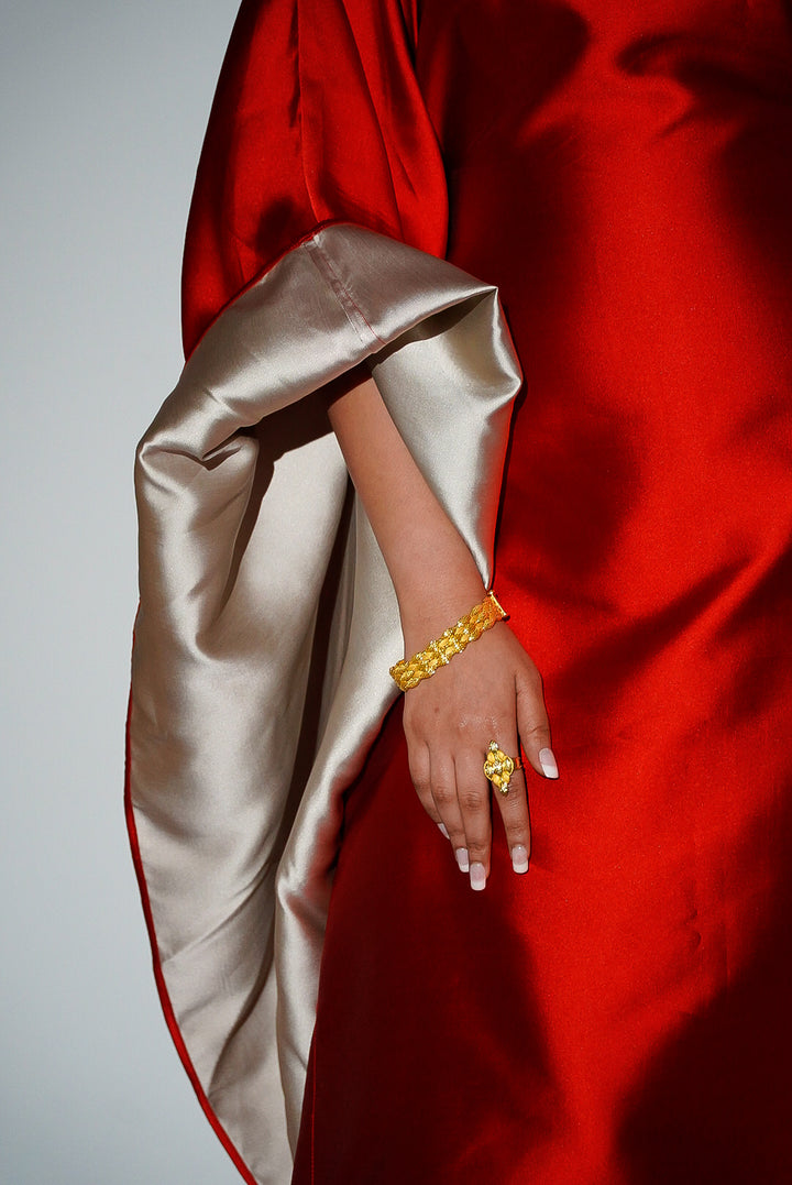 HAYZO Pure Silk Mikado Dual Colour Fabric Kaftan in True Deep Red