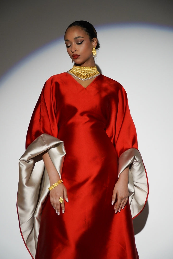HAYZO Pure Silk Mikado Dual Colour Fabric Kaftan in True Deep Red
