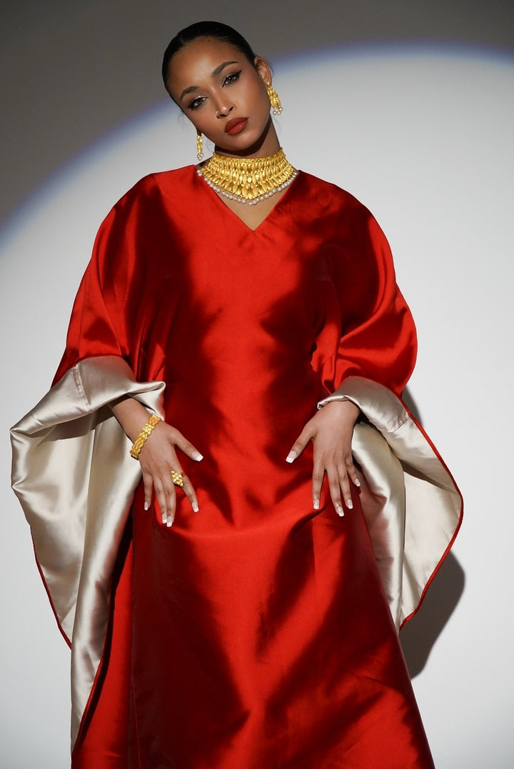 HAYZO Pure Silk Mikado Dual Colour Fabric Kaftan in True Deep Red