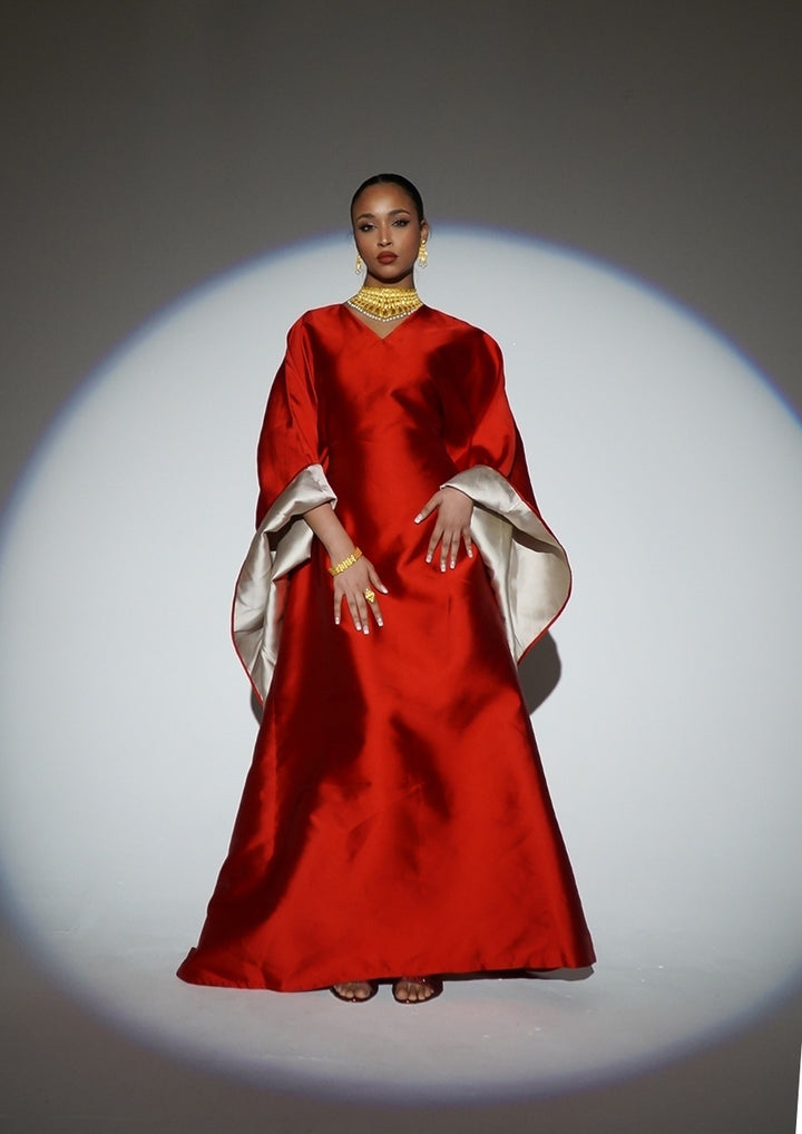 HAYZO Pure Silk Mikado Dual Colour Fabric Kaftan in True Deep Red