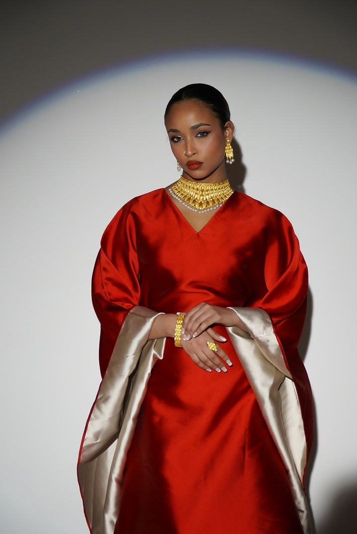 HAYZO Pure Silk Mikado Dual Colour Fabric Kaftan in True Deep Red